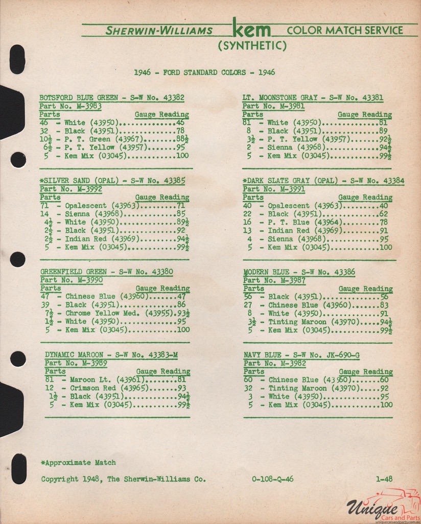 1946 Ford Paint Charts Sherwin-Williams 5